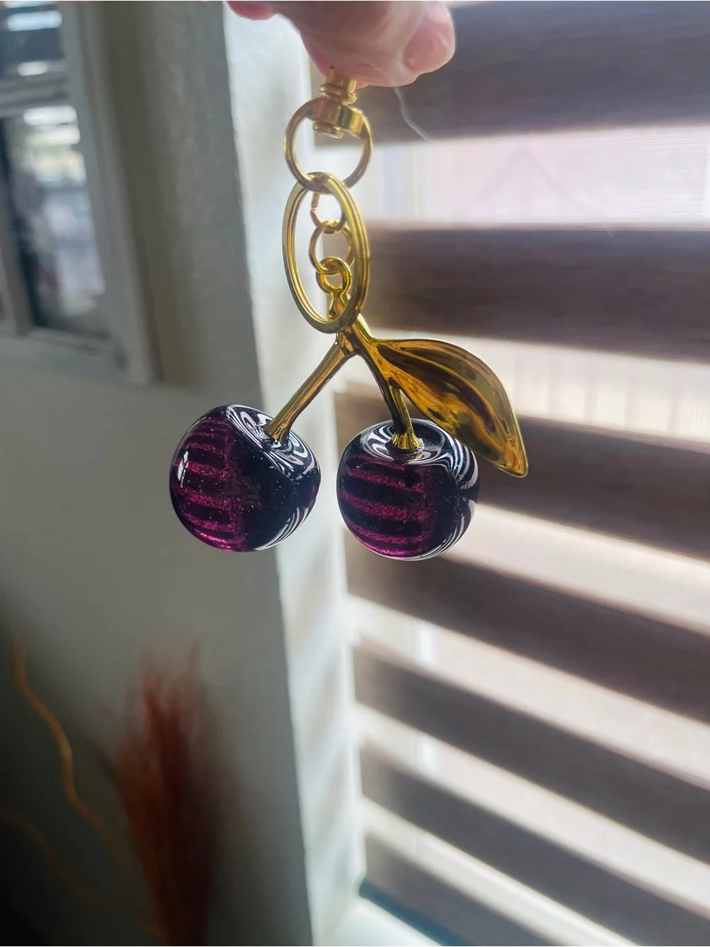 Gold-Tone Key & Card Holder Charm with Deep Purple Glass Cherries